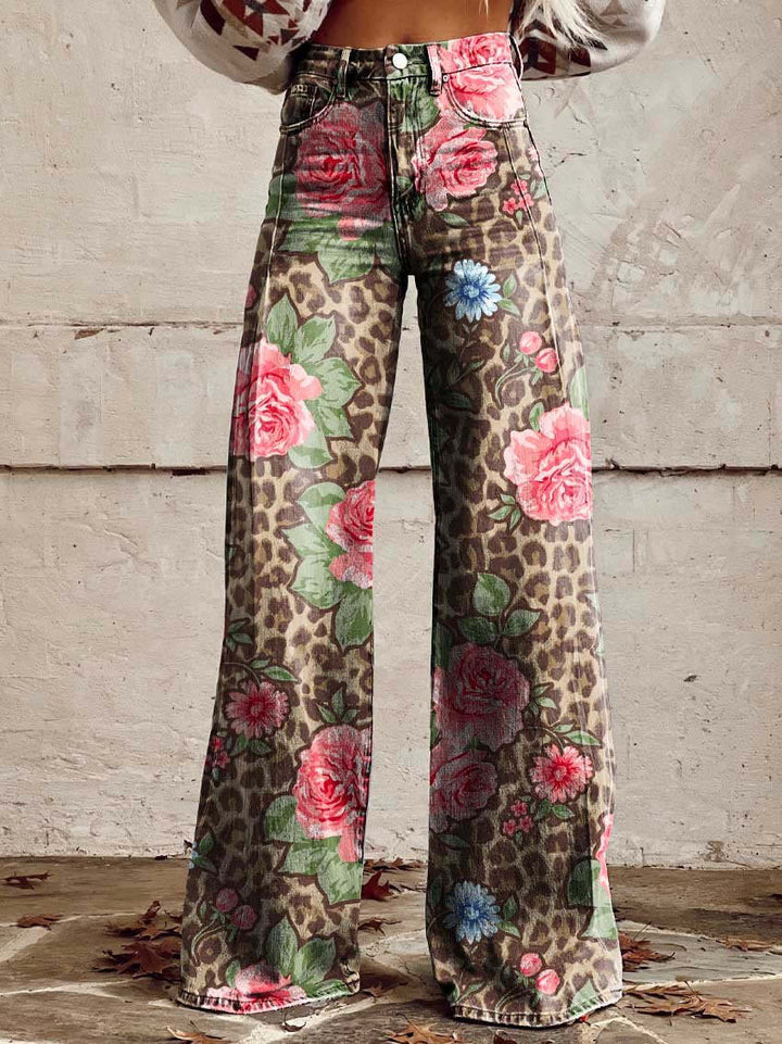 Close-up of hemline and vibrant botanical print on women's fashion trousers