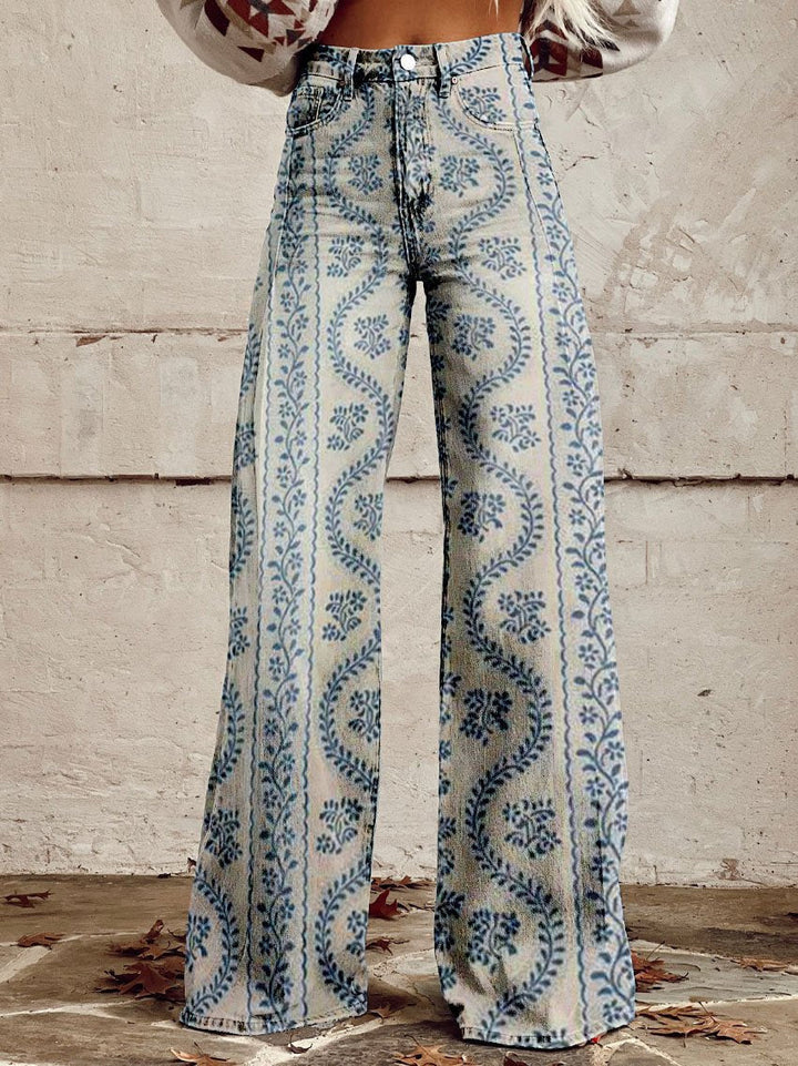 Women wearing retro printed trousers with blue botanical pattern