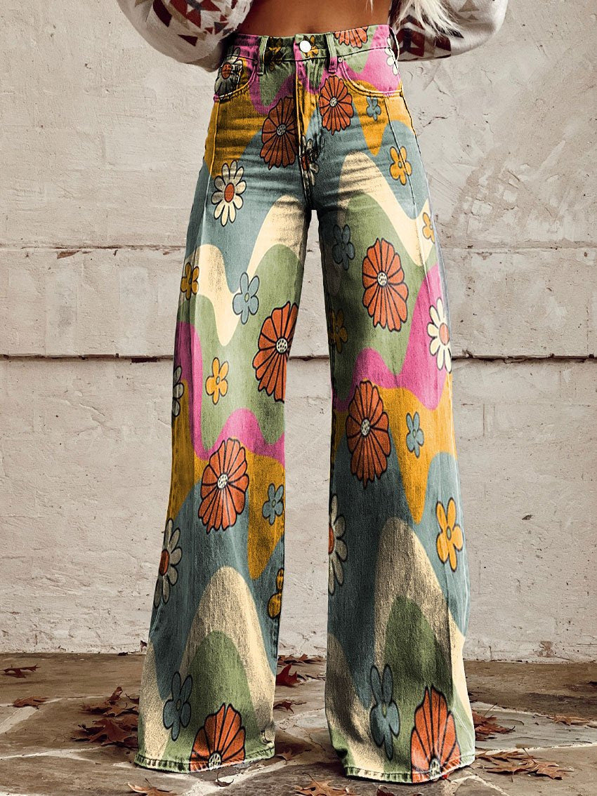 Women's retro printed high waist wide leg trousers front view showcasing vibrant pattern
