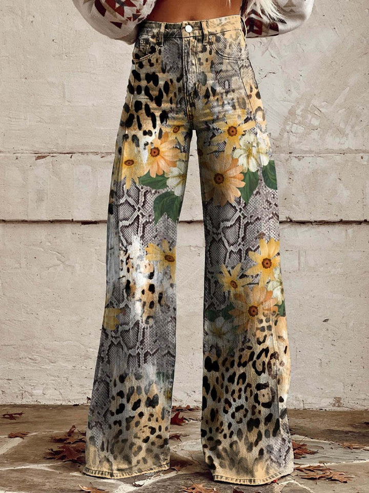 Close-up of the fabric texture and vintage print on high waist wide leg pants