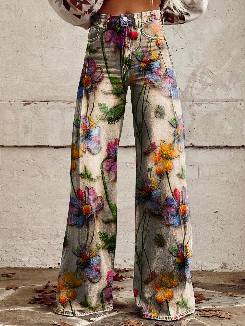 Side profile of women's casual retro printed trousers with flowing wide legs