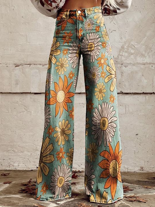 Back view of high waist wide leg printed trousers highlighting the flattering fit