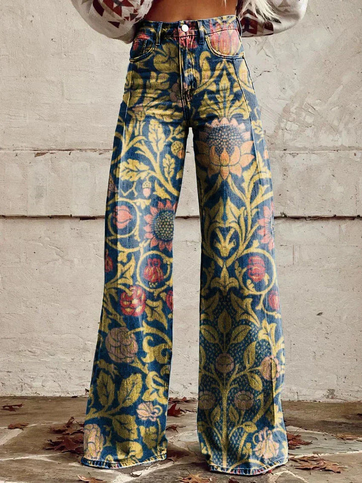 Flat lay of women's printed wide leg pants styled for a casual retro outfit