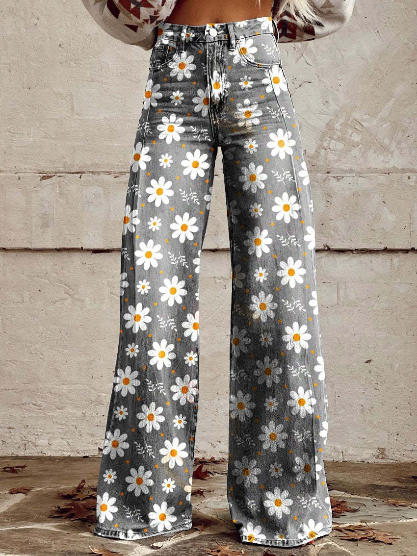 Women wearing high waist wide leg trousers with white daisy print