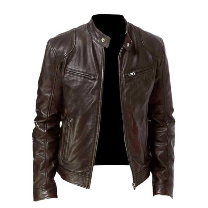 Men's brown leather jacket with front zipper and snap collar