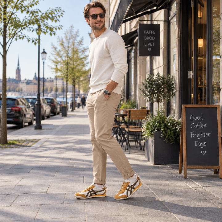 Man walking on a city street wearing yellow retro sneakers, beige chinos, and a white sweater.