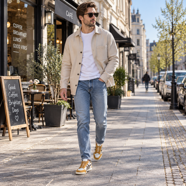 Man walking outdoors in a light jacket, blue jeans, and retro sneakers.