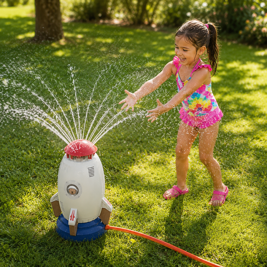 A young girl playing happily near a rocket-shaped water sprinkler in a green garden.