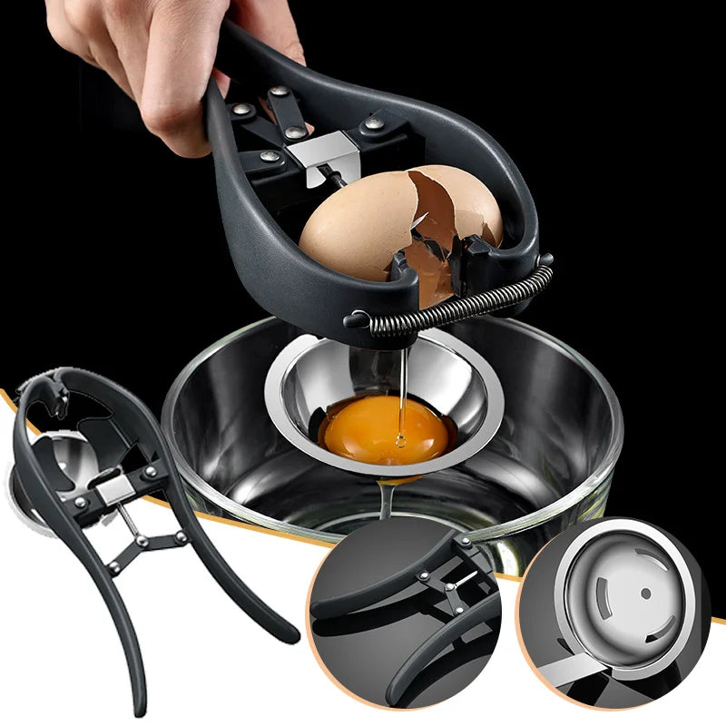 Egg separator tool cracking and separating an egg over a metal bowl
