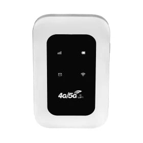 Portable 5G WiFi router placed on a desk next to a laptop for remote work