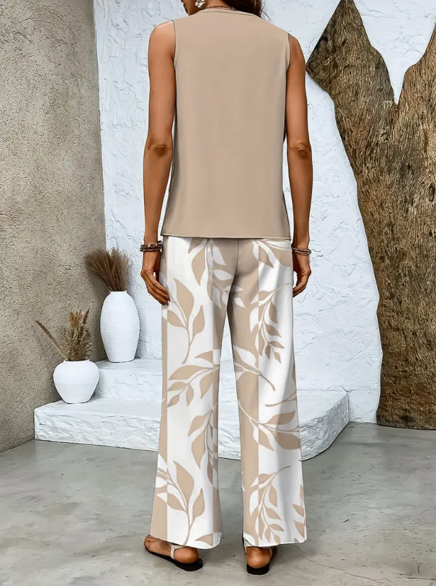 Full outfit view showing the drape of the wide leg pants and top