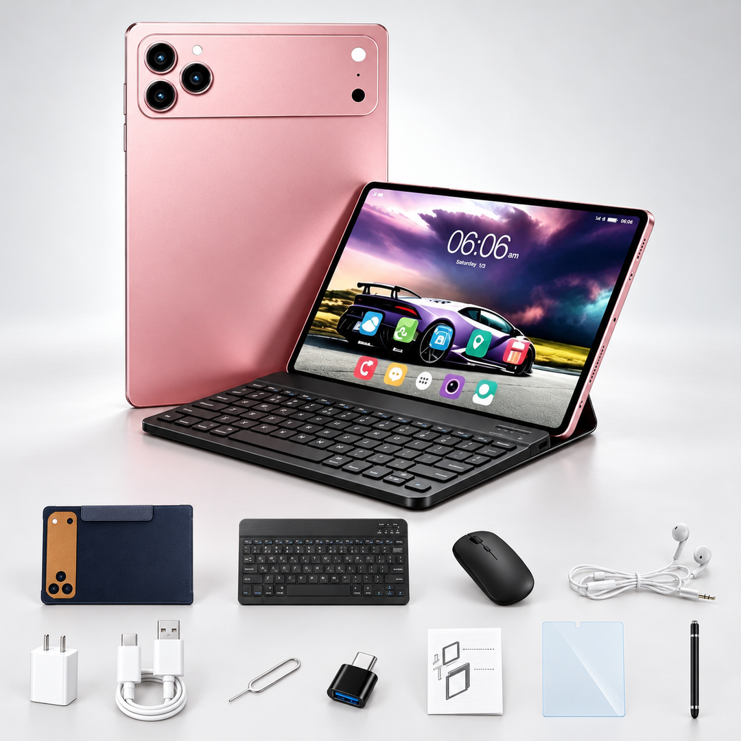 Tablet with keyboard accessory set up for typing and remote work