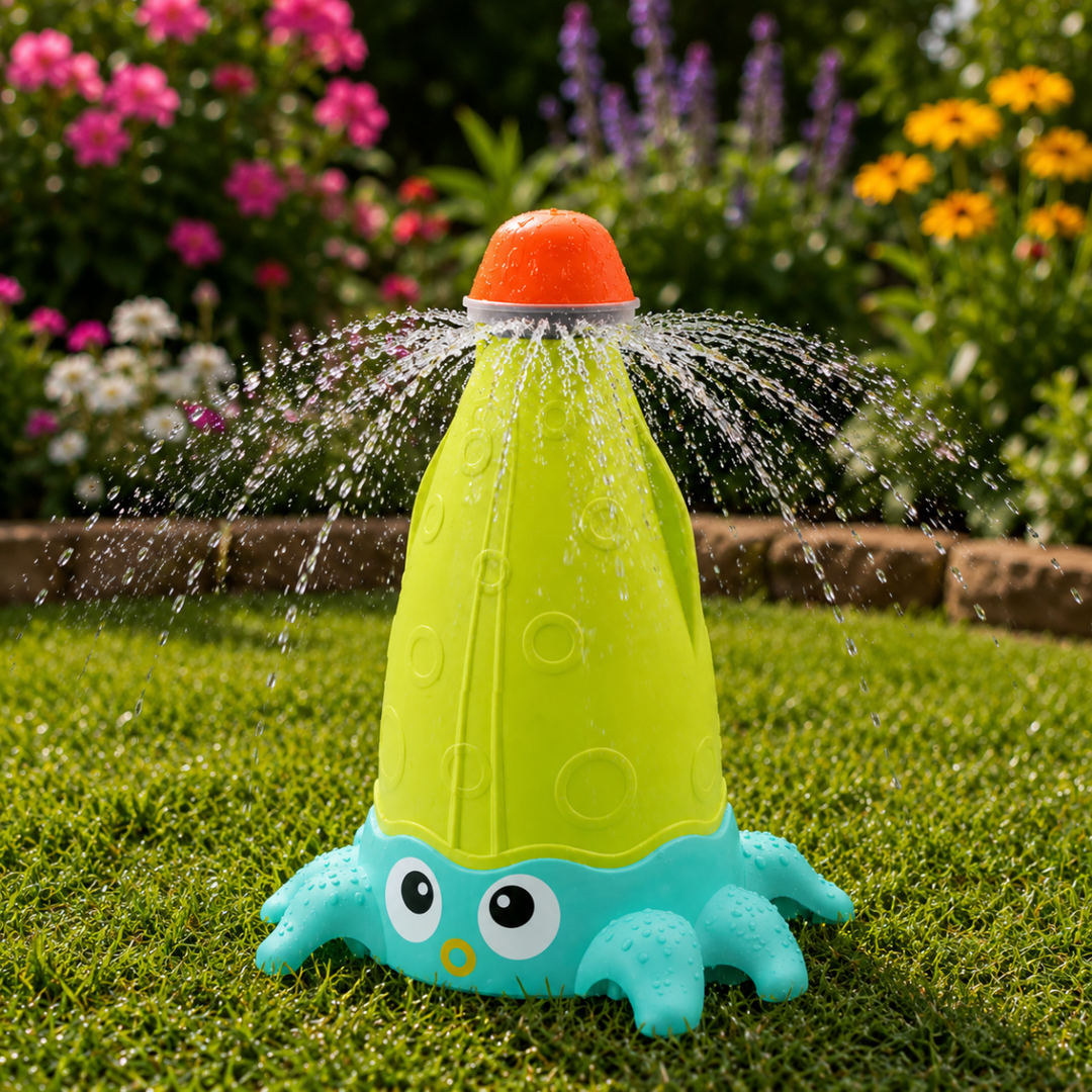 Rotating octopus lawn water sprinkler spraying water on green grass