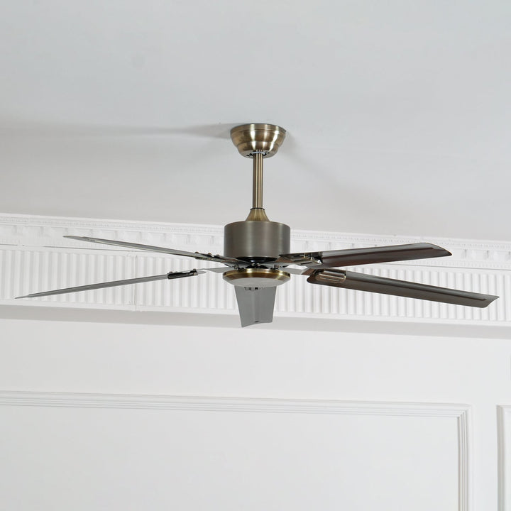 Low angle view of the living room fan demonstrating its balanced blade span