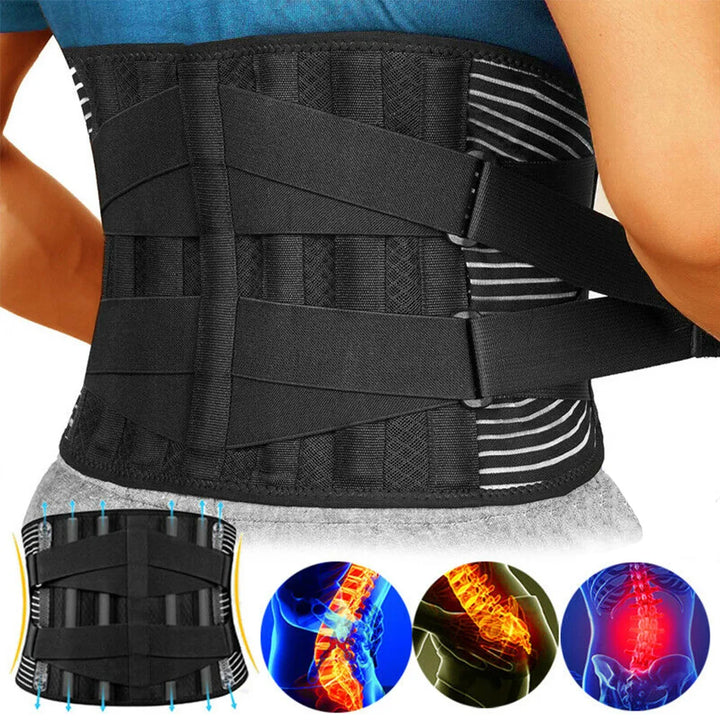 Back support belt displayed alongside anatomical graphics highlighting spinal alignment.