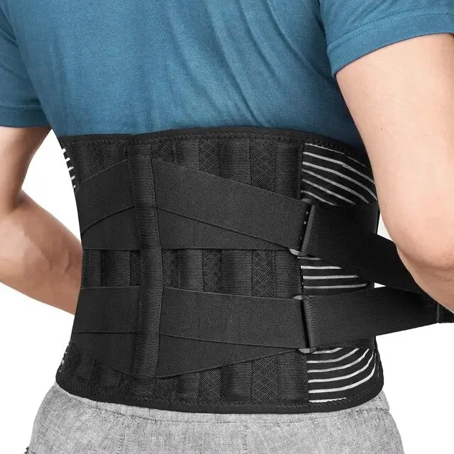 Rear view of a person wearing the black lumbar support belt showing the double compression straps.