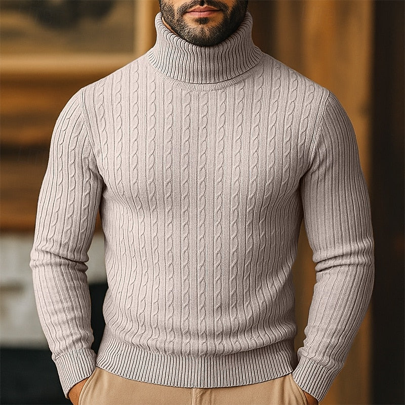 Full length view of mens winter clothing cable knit pullover