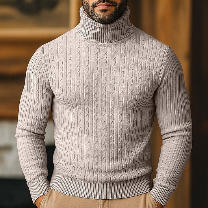 Full length view of mens winter clothing cable knit pullover
