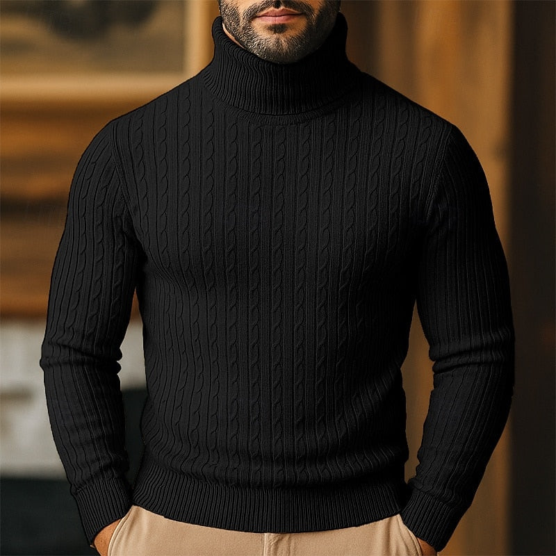 Mens cable-knit turtleneck jumper in classic winter fashion style