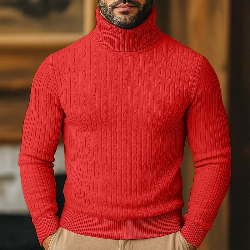 Close up of textured cable knit pattern on mens turtleneck sweater
