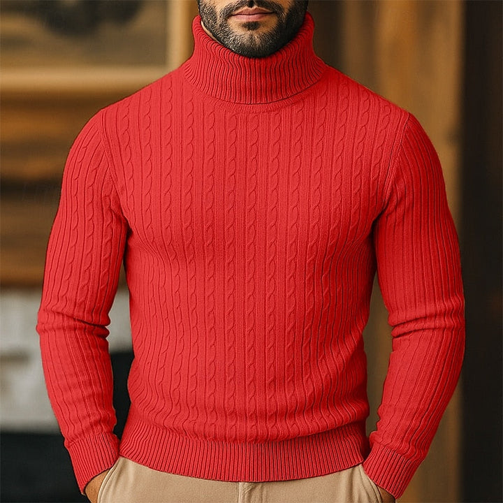 Close up of textured cable knit pattern on mens turtleneck sweater