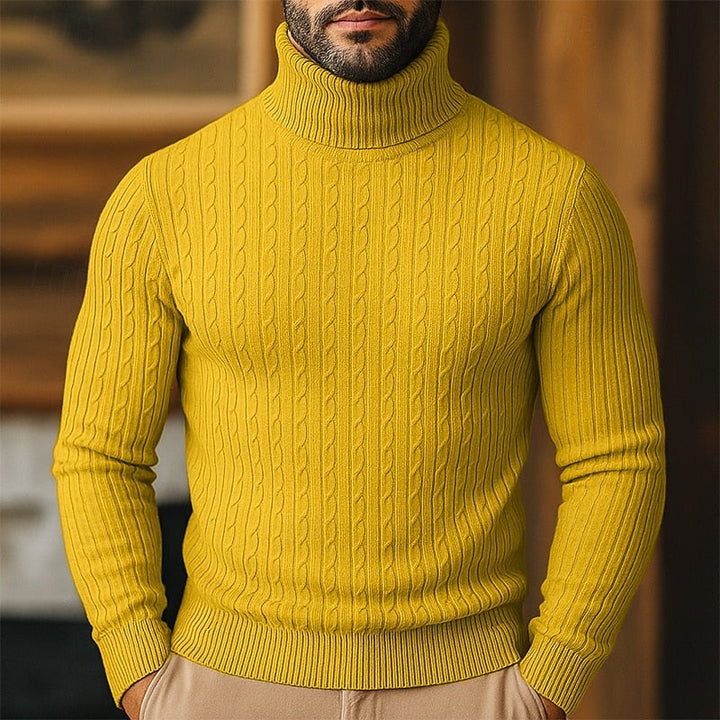 Mens warm pullover sweater featuring a cozy turtleneck collar
