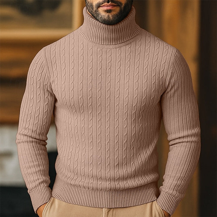 Back view of mens cable knit sweater for cold weather layering