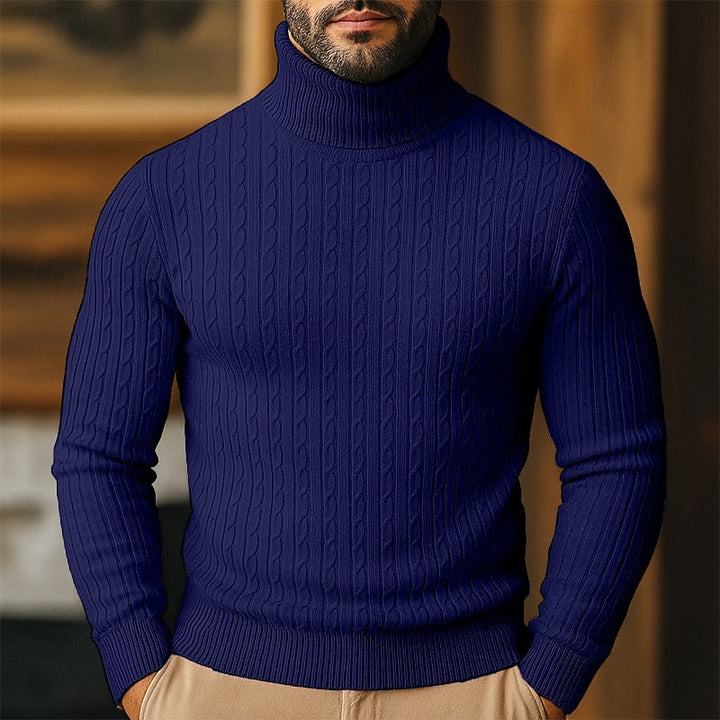 Detailed shot of ribbed turtleneck collar on mens winter jumper