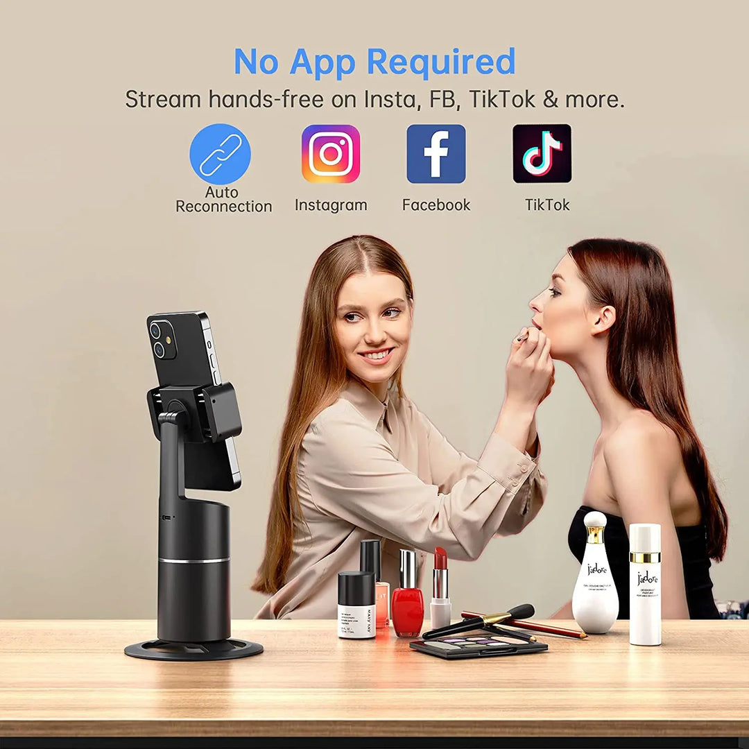 Smart auto-tracking phone holder showing 360 rotation for vlogging and content creation.