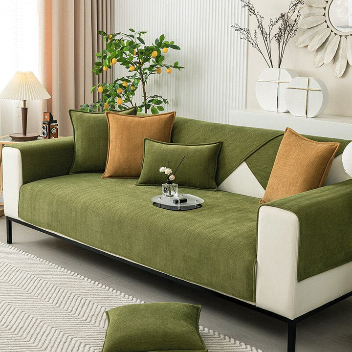 Chenille sofa cover protector draped elegantly over modern living room furniture