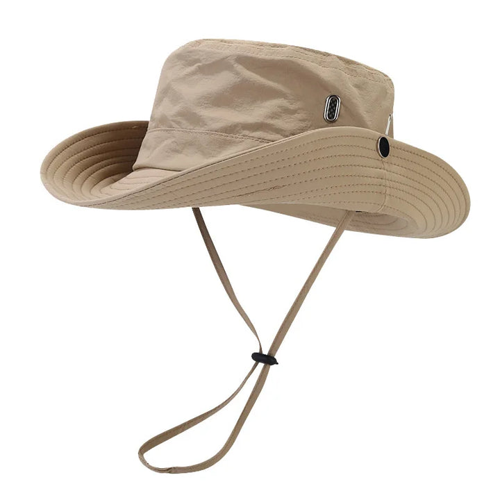 Khaki safari sun hat featuring breathable eyelets and wide brim