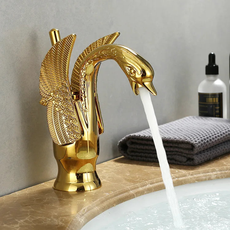 Lifestyle bathroom setting featuring the elegant swan basin tap complementing modern sink decor