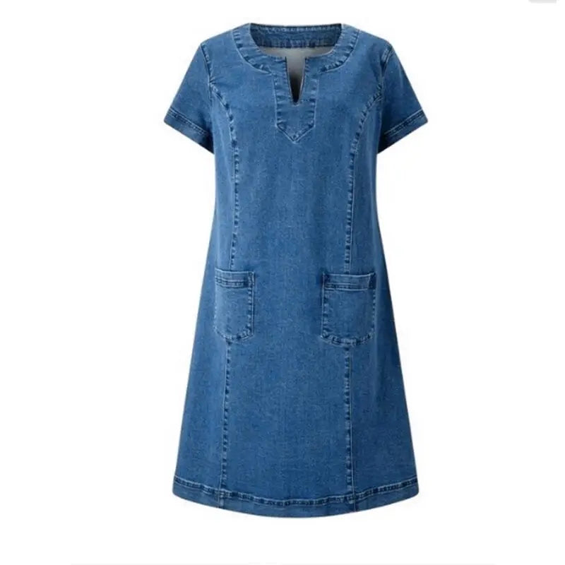 Product flat lay of blue casual V-neck dress