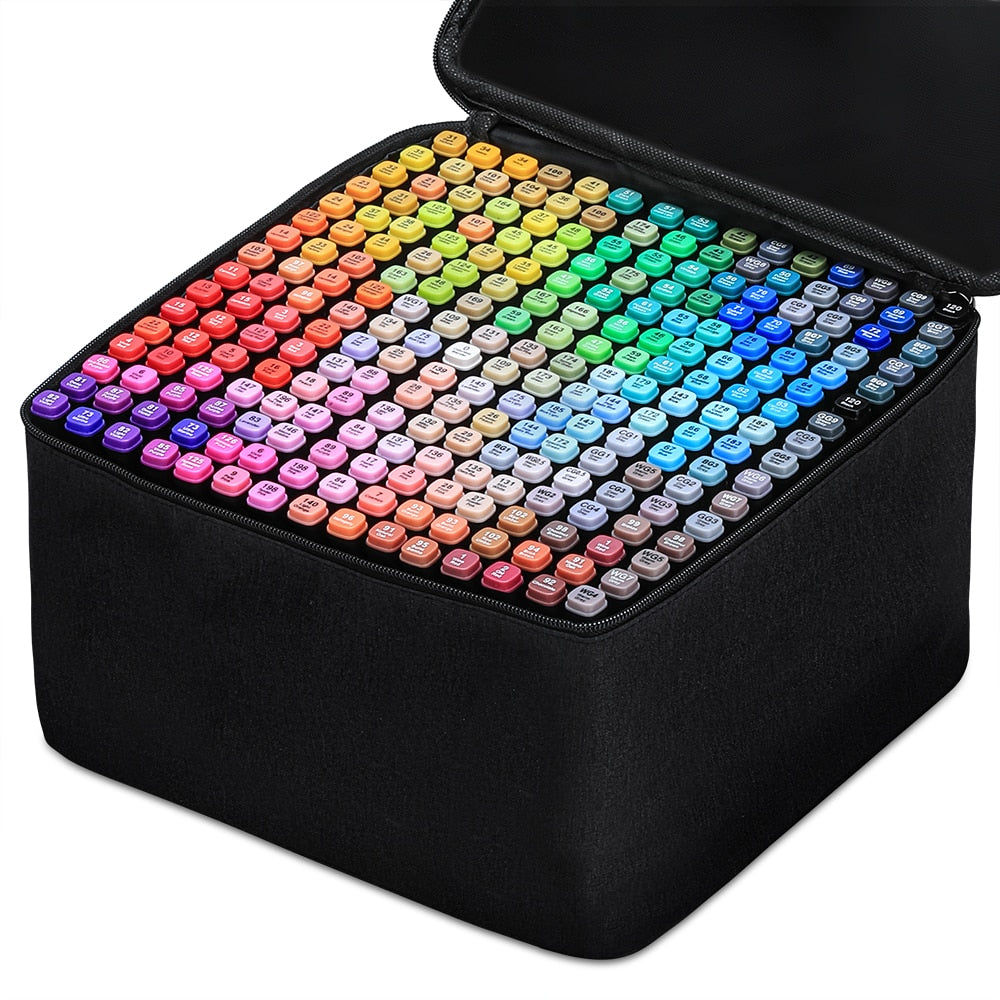 Professional dual-tip colour art markers set in a black carrying case for illustrators