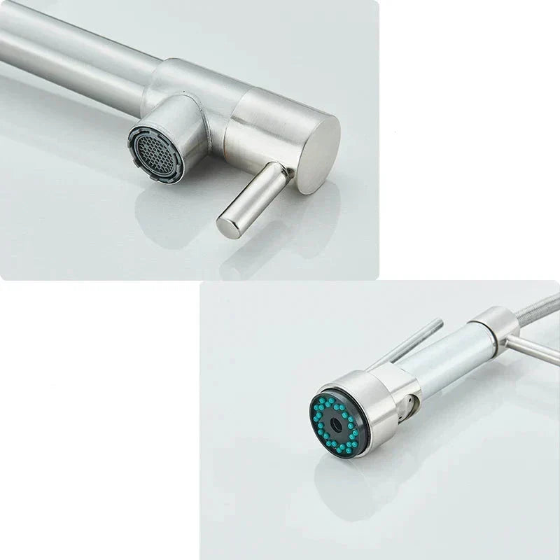 Modern pull-out kitchen faucet with flexible spray hose extending from spout