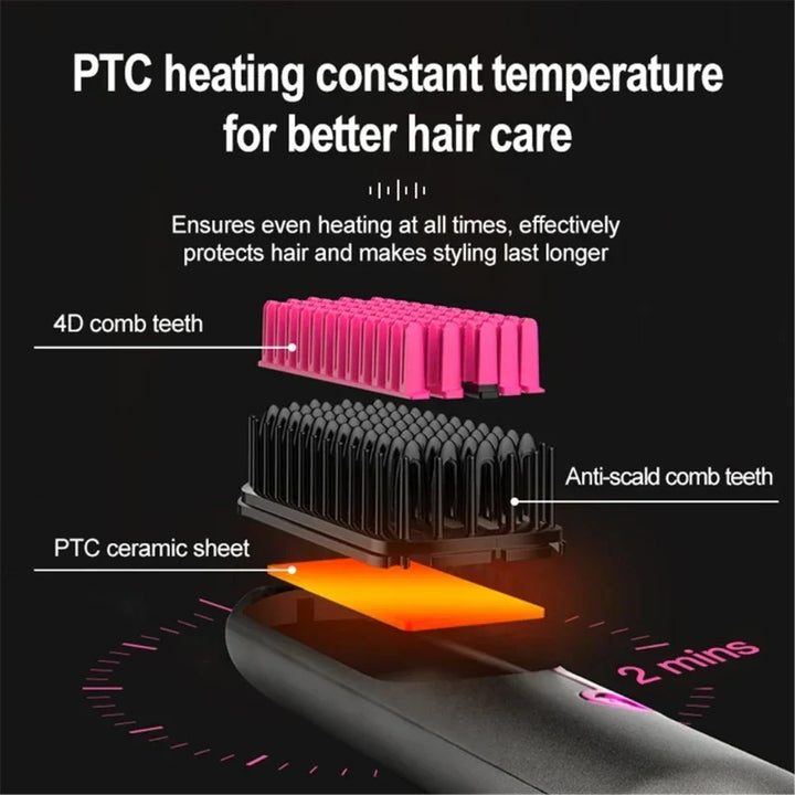 Hair straightening brush with USB charging cable for travel convenience