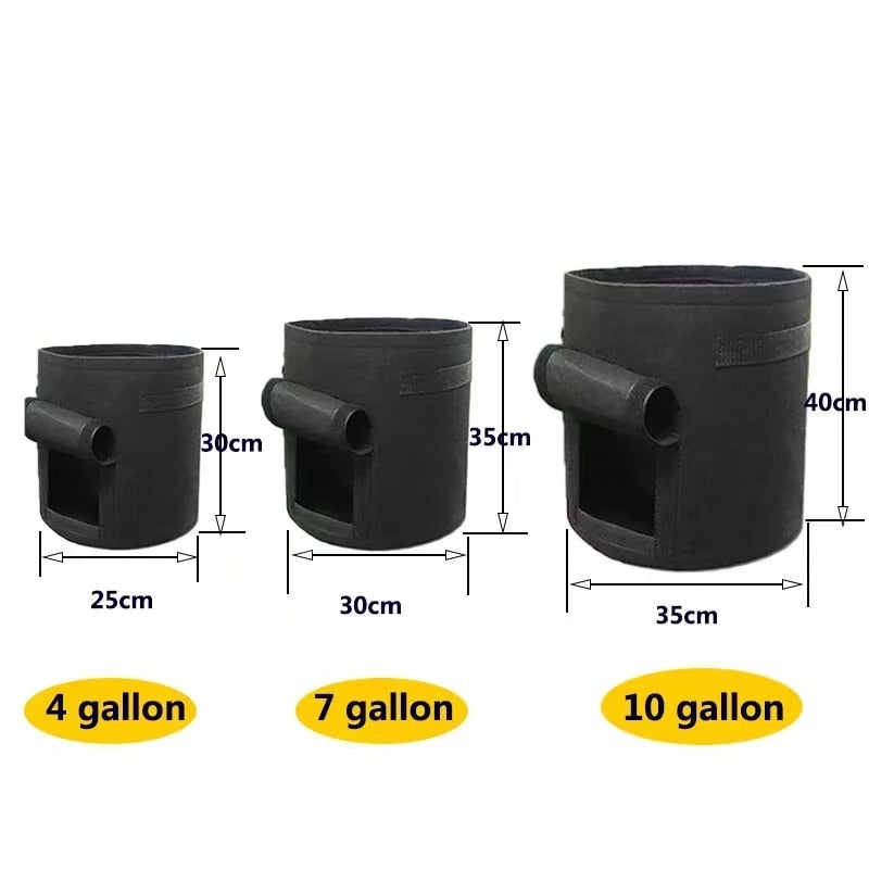 Dimensions diagram for GrowMaster fabric grow pots in sizes S, M, and L