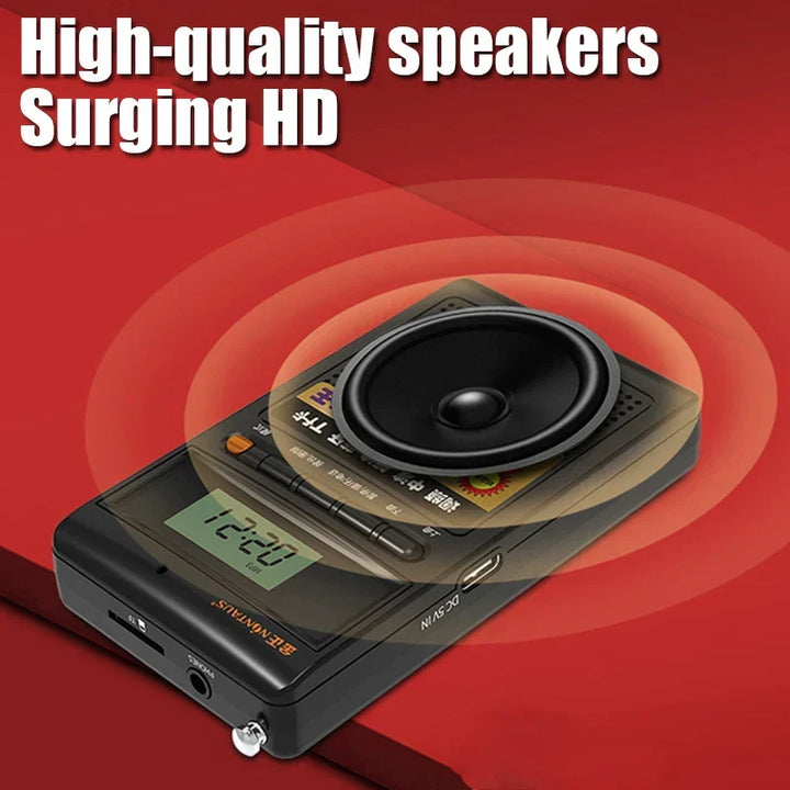 Close-up of the portable radio highlighting the built-in speaker and sound waves