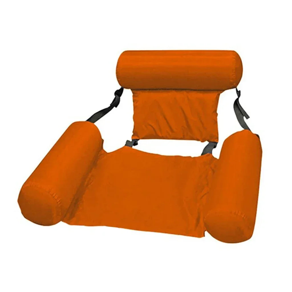 Person relaxing comfortably on the floating water chair in a pool