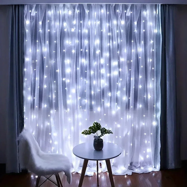 USB LED curtain lights glowing warmly in bedroom decor setup