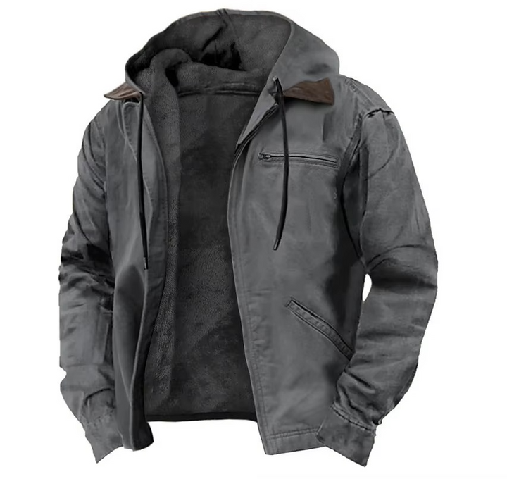 Mens hooded fleece lined winter jacket with full zip and casual outdoor outerwear design