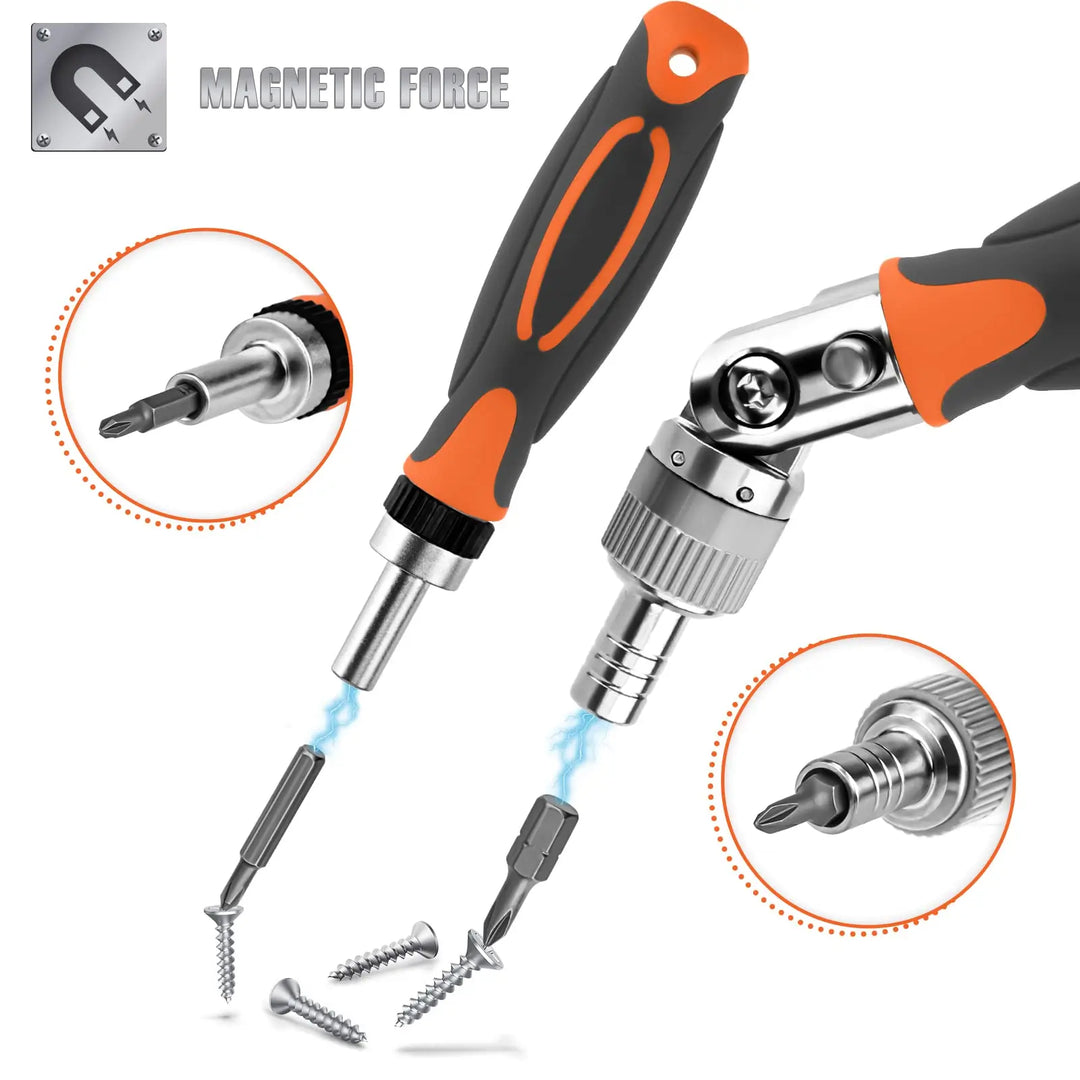 Close-up of the ratchet tool handle and interchangeable screwdriver bits