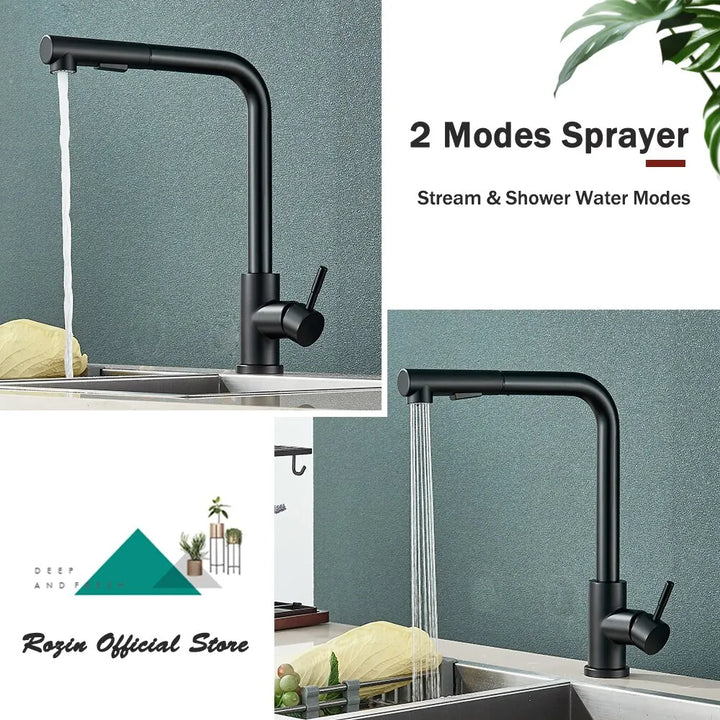 Black kitchen faucet demonstrating dual water spray modes
