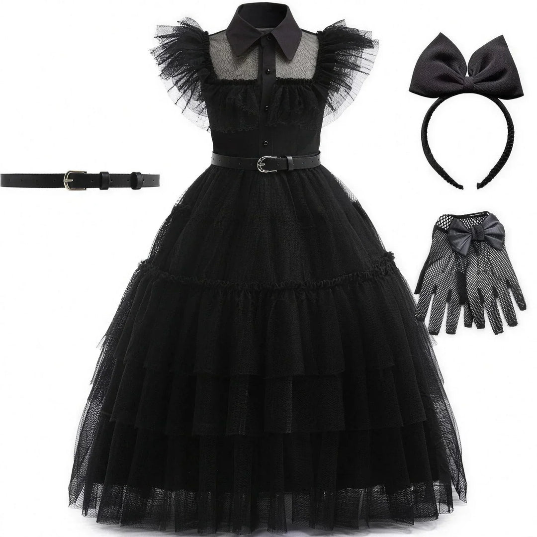 Black gothic dress bundle with bow headband and fishnet gloves