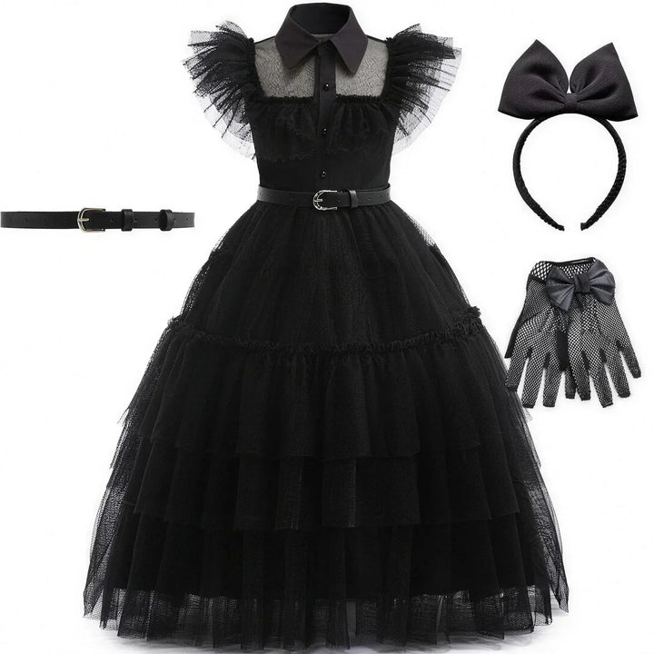 Black gothic dress bundle with bow headband and fishnet gloves