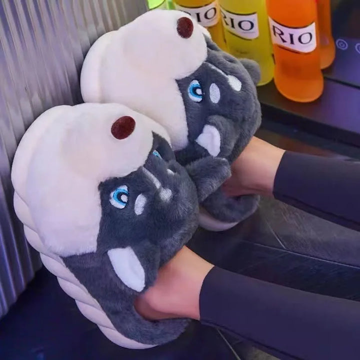 Comfortable warm house slippers for women styled like adorable Siberian huskies