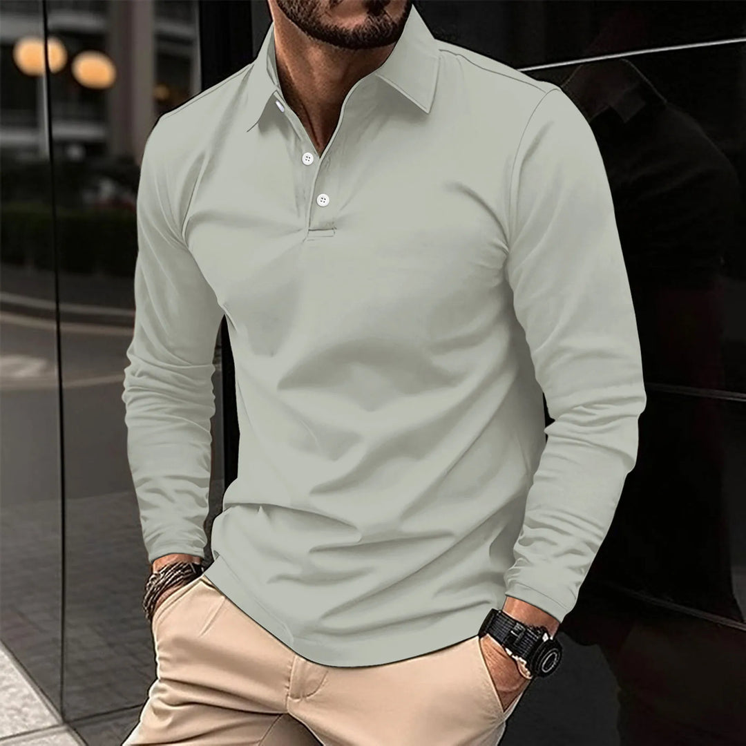 Close-up of the collar and button placket on a men's long-sleeve polo shirt