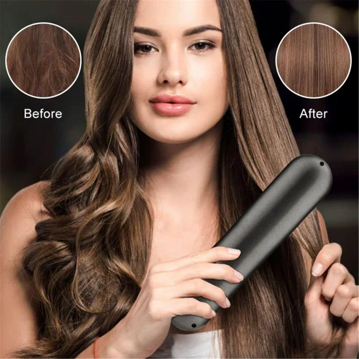 Model demonstrating sleek hair results using the cordless straightening brush