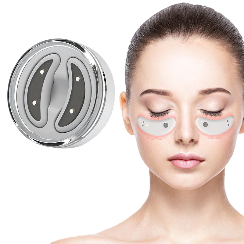 Woman wearing EMS red light eye massager patches with storage case