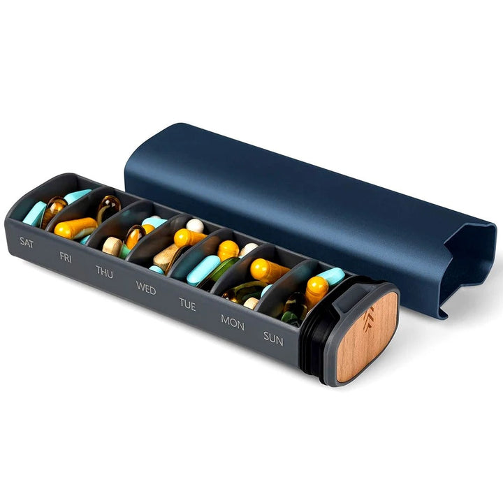 Full view of the open pill case displaying all seven daily compartments